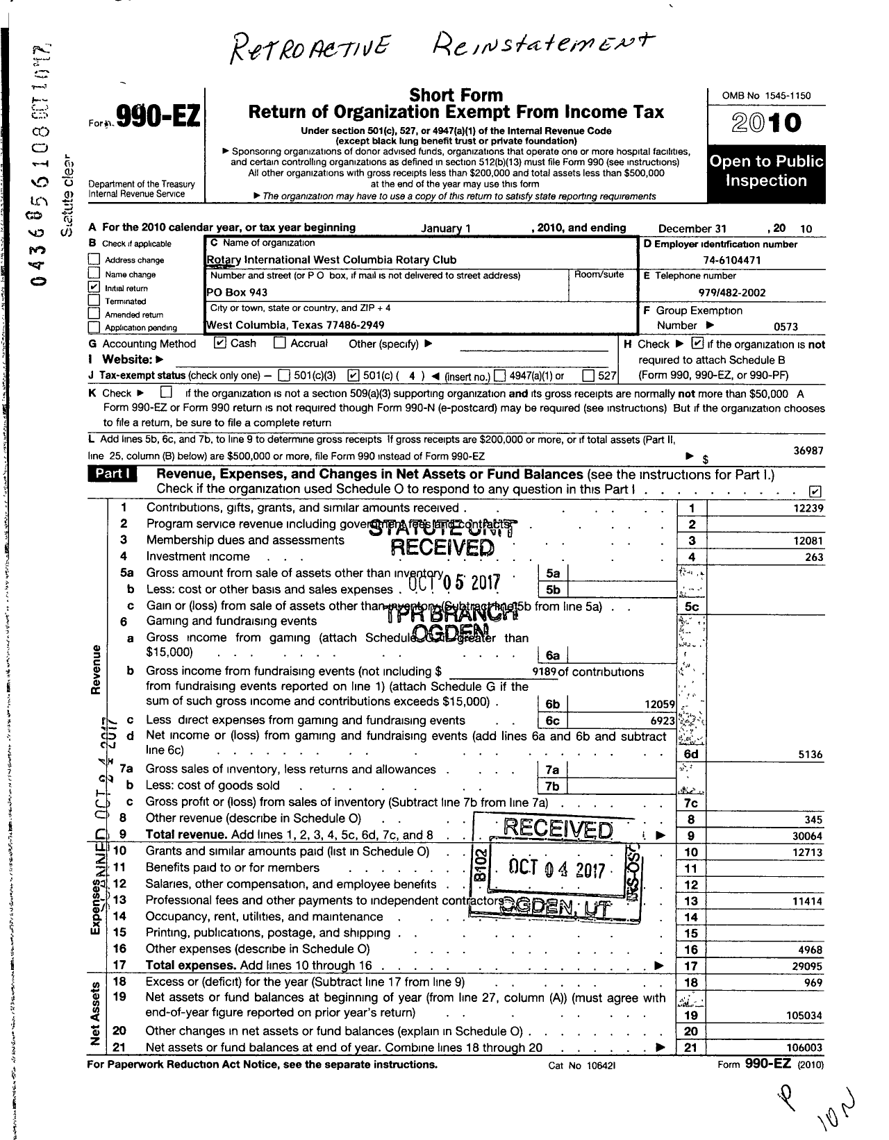 Image of first page of 2010 Form 990EO for Rotary Club of West Columbia Texas