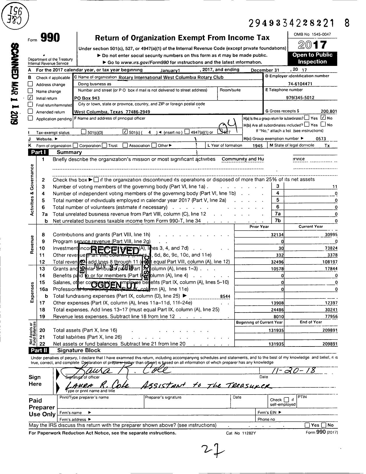 Image of first page of 2017 Form 990O for Rotary Club of West Columbia Texas