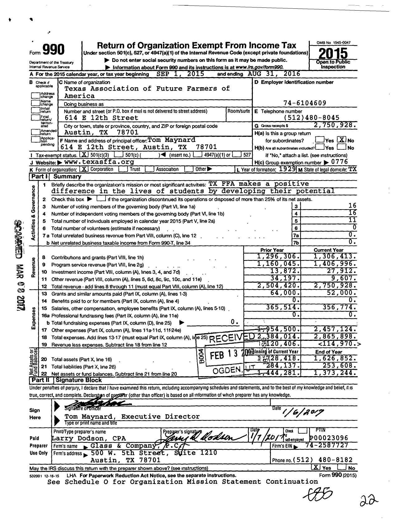 Image of first page of 2015 Form 990 for Texas Association of Future Farmers of America