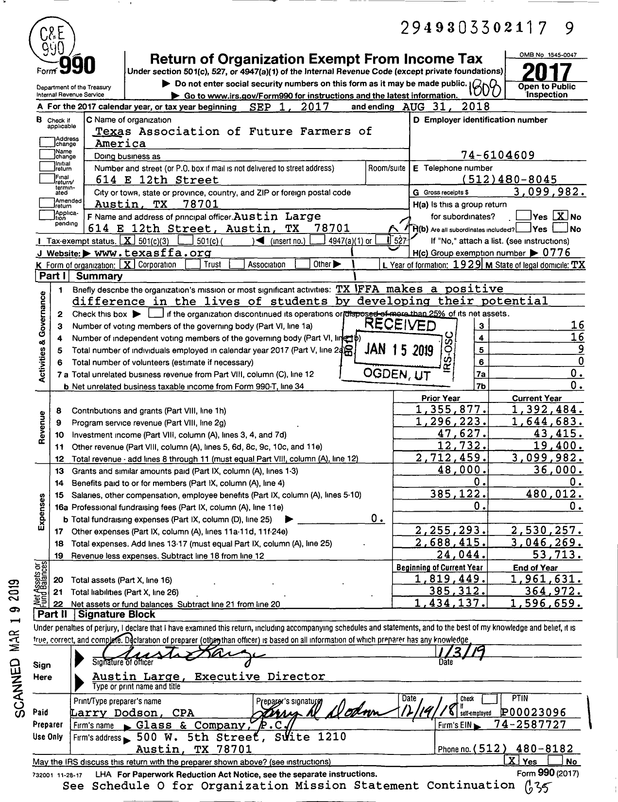 Image of first page of 2017 Form 990 for Texas Association of Future Farmers of America