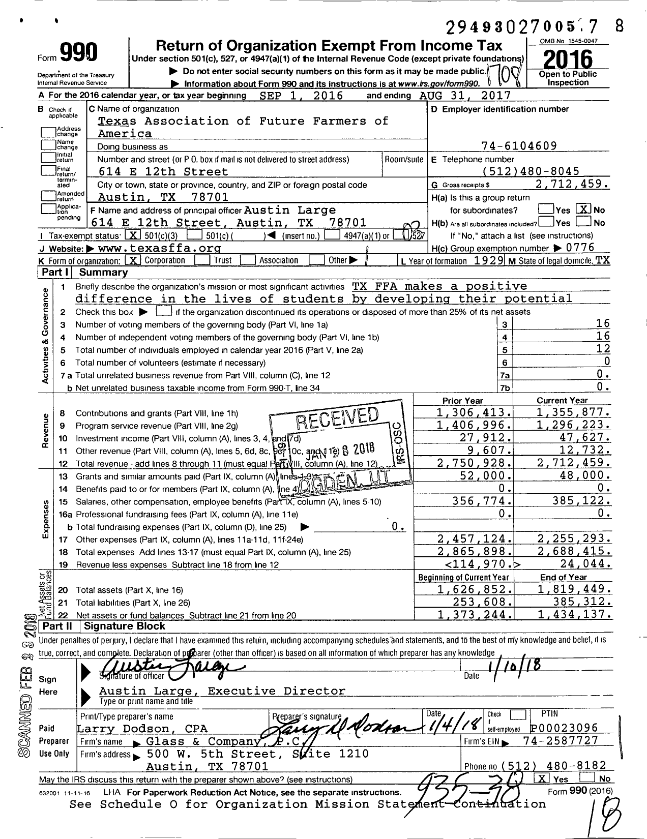 Image of first page of 2016 Form 990 for Texas Association of Future Farmers of America