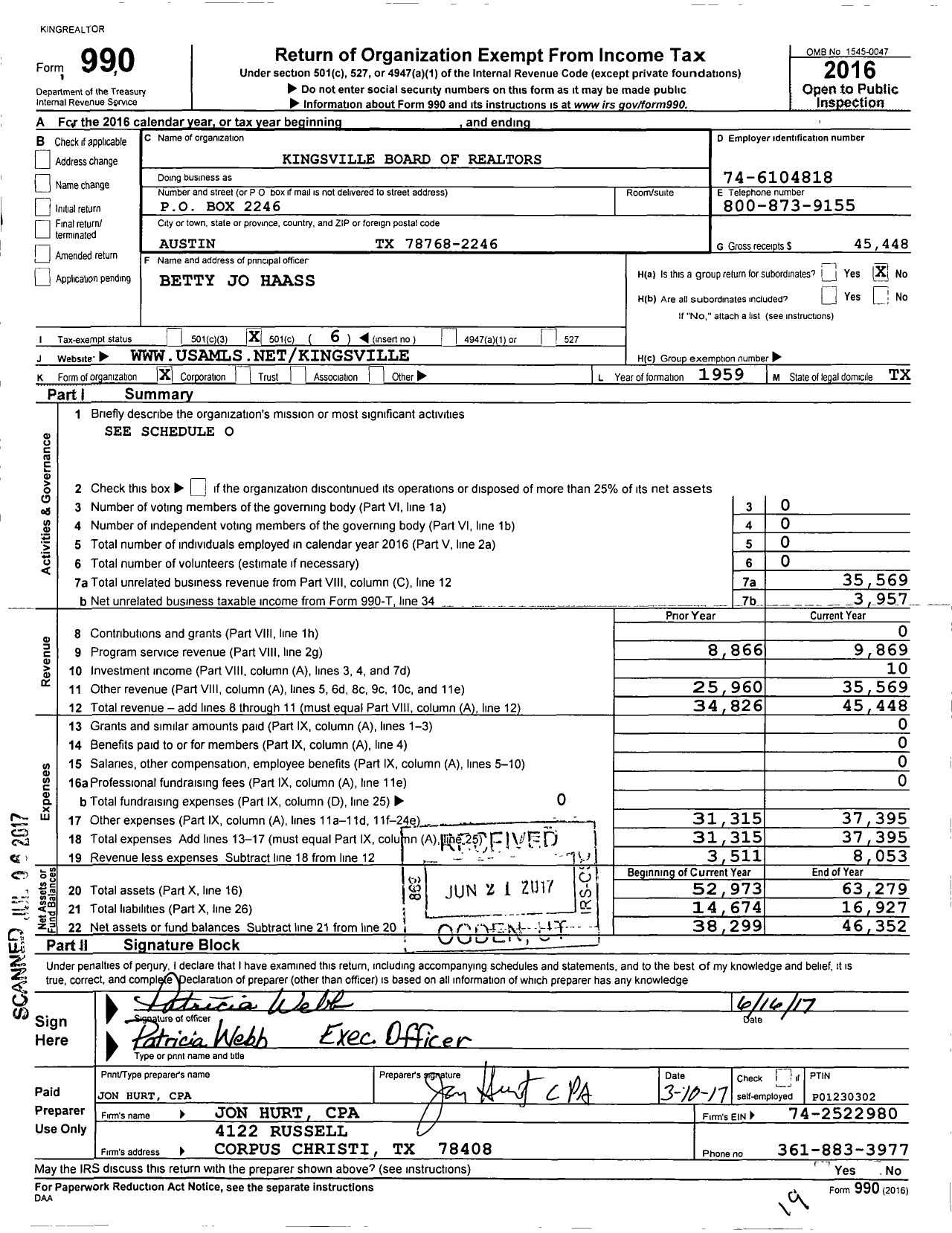 Image of first page of 2016 Form 990O for Kingsville Board of Realtors Multiple Listing Service