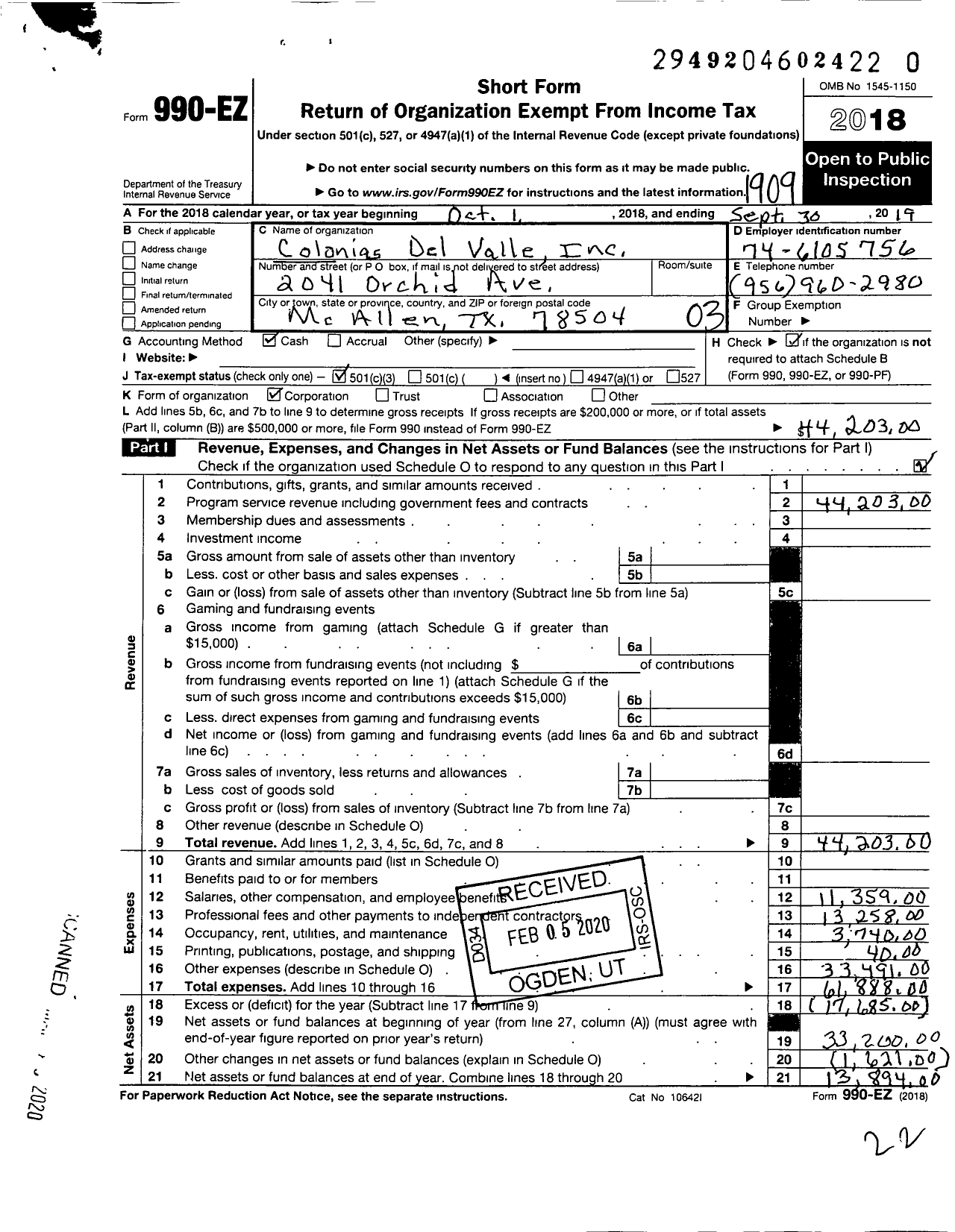 Image of first page of 2018 Form 990EZ for Colonias Del Valle