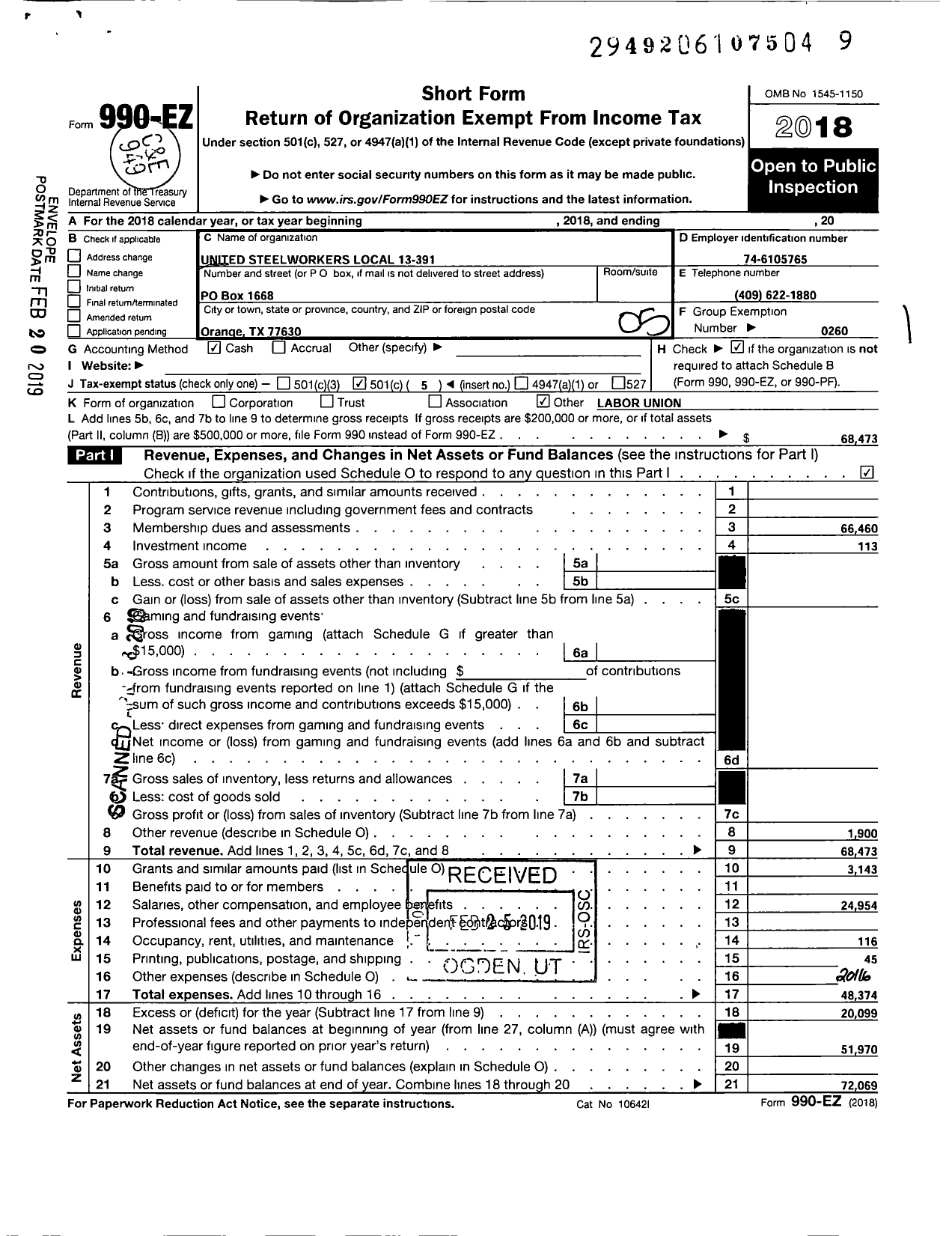 Image of first page of 2018 Form 990EO for United Steelworkers - 13-00391 Local