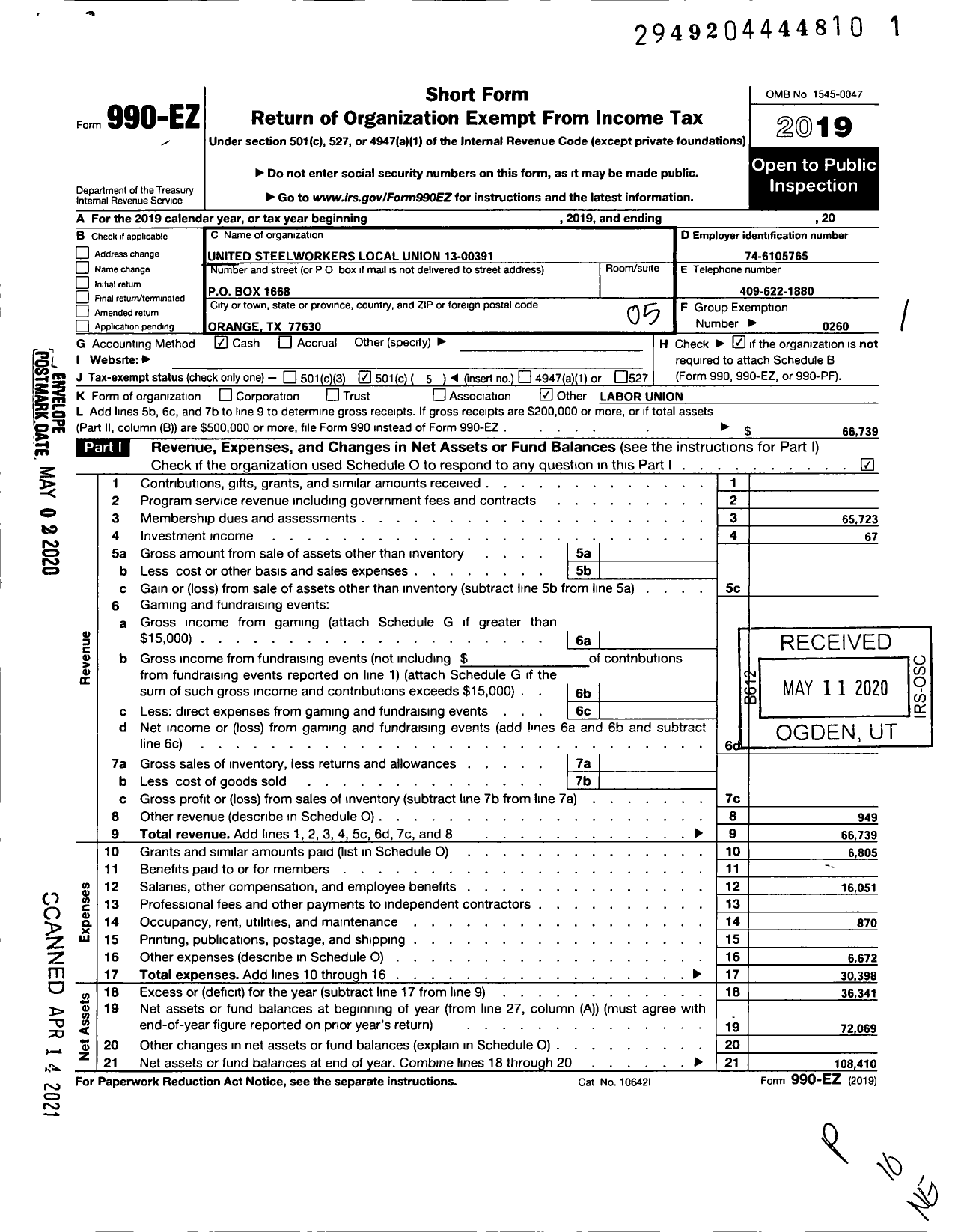 Image of first page of 2019 Form 990EO for United Steelworkers - 13-00391 Local