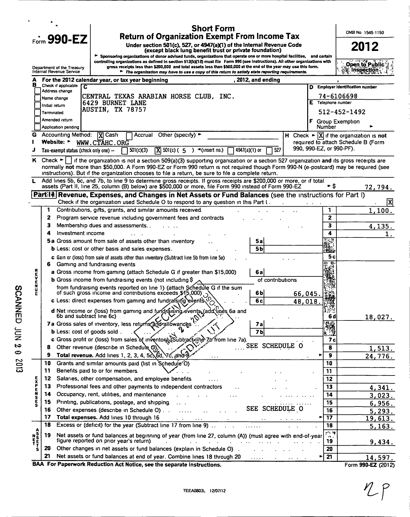 Image of first page of 2012 Form 990EO for Central Texas Arabian Horse Association