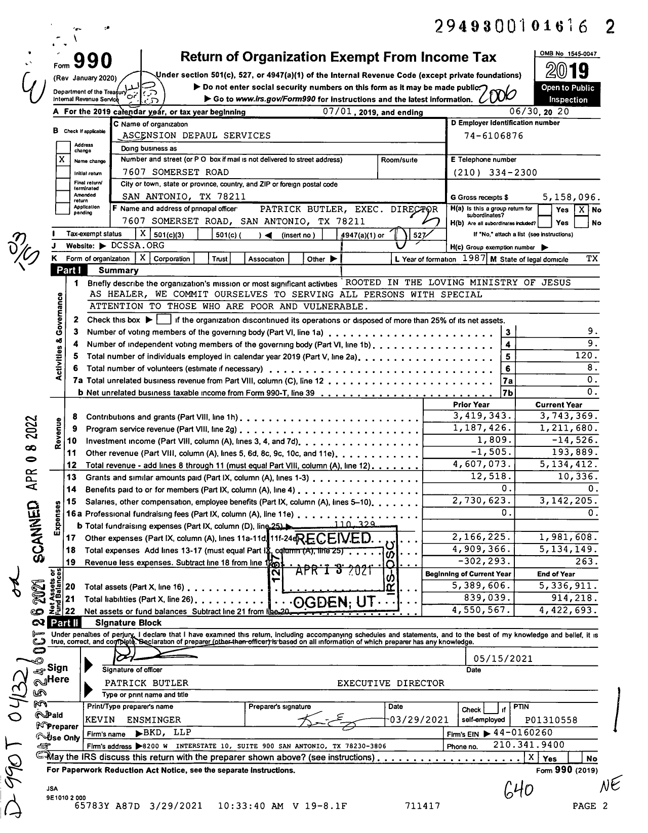 Image of first page of 2019 Form 990 for Ascension Depaul Services (DCSSA )