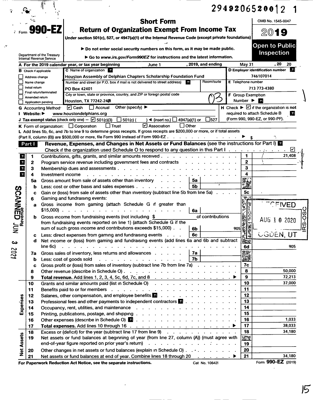 Image of first page of 2019 Form 990EZ for Houston Assembly of Delphian Chapters Scholarship Found Fund