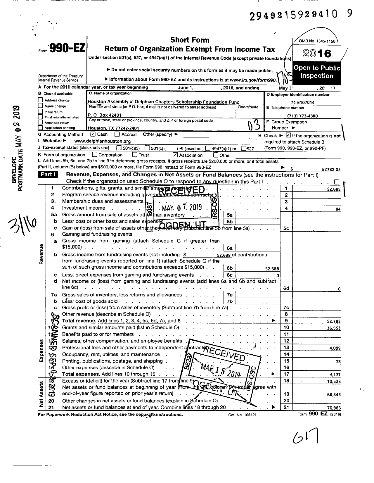 Image of first page of 2016 Form 990EZ for Houston Assembly of Delphian Chapters Scholarship Found Fund