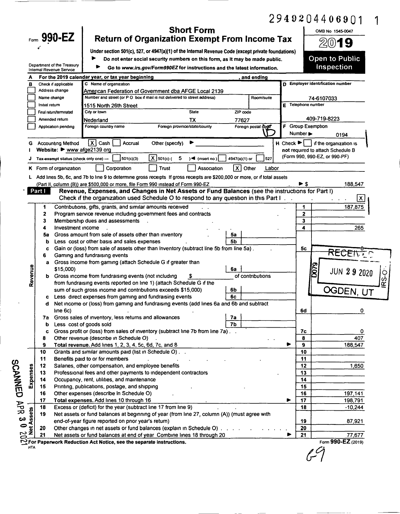 Image of first page of 2019 Form 990EO for American Federation of Government Employees - 2139 AFGE