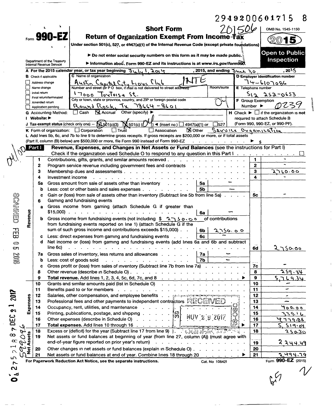 Image of first page of 2014 Form 990EO for Lions Clubs - 1509 Austin Capital City