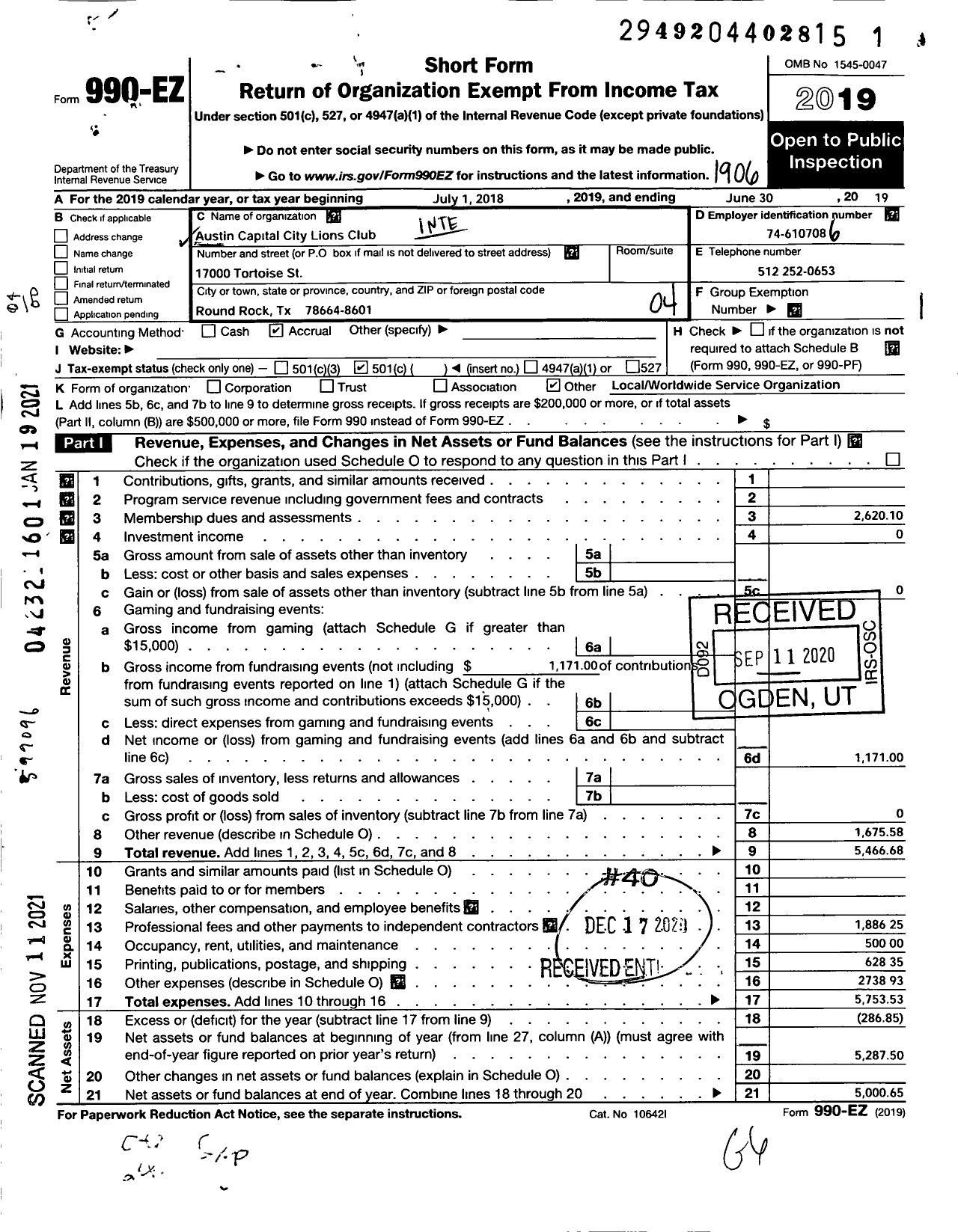 Image of first page of 2018 Form 990EO for Lions Clubs - 1509 Austin Capital City