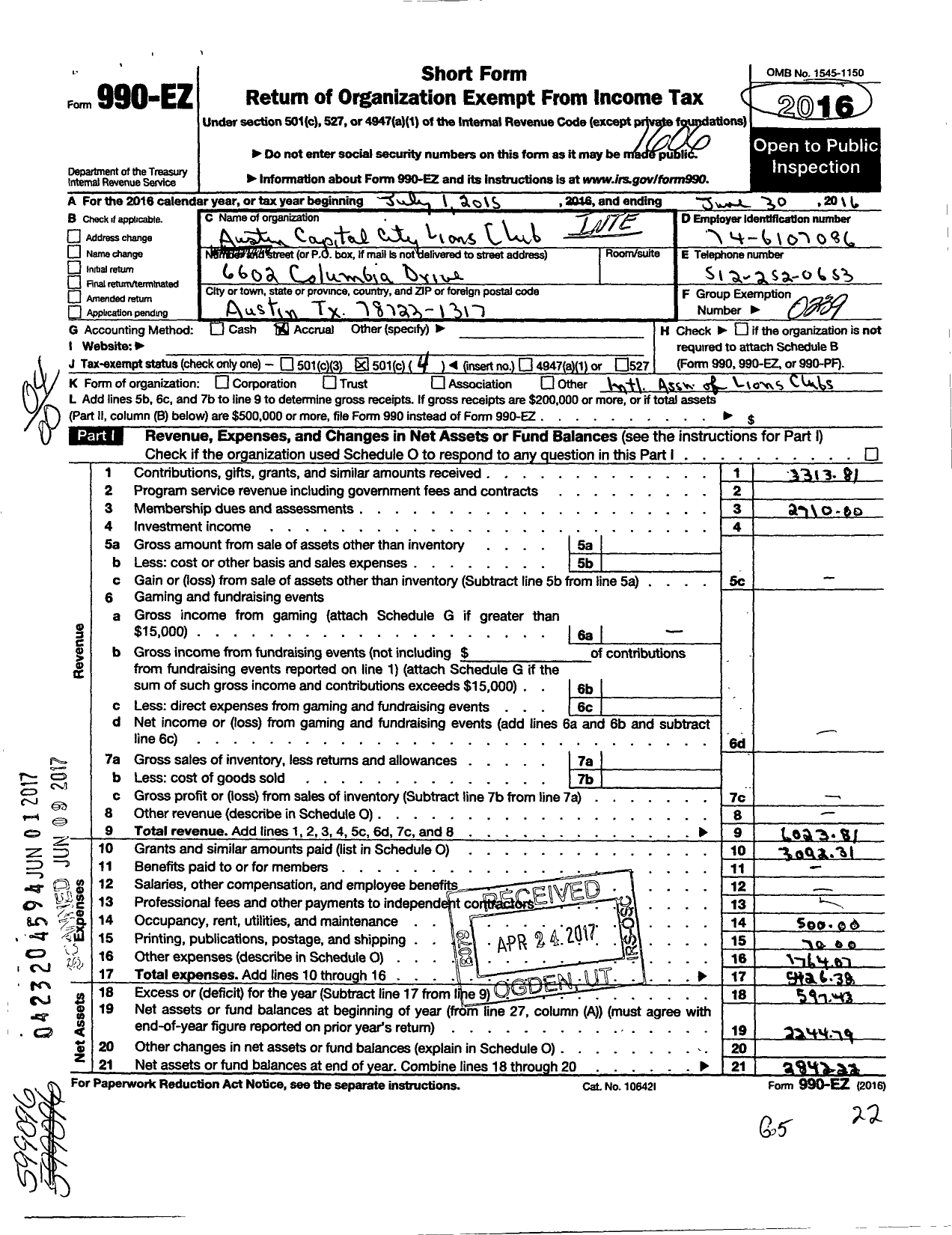 Image of first page of 2015 Form 990EO for Lions Clubs - 1509 Austin Capital City