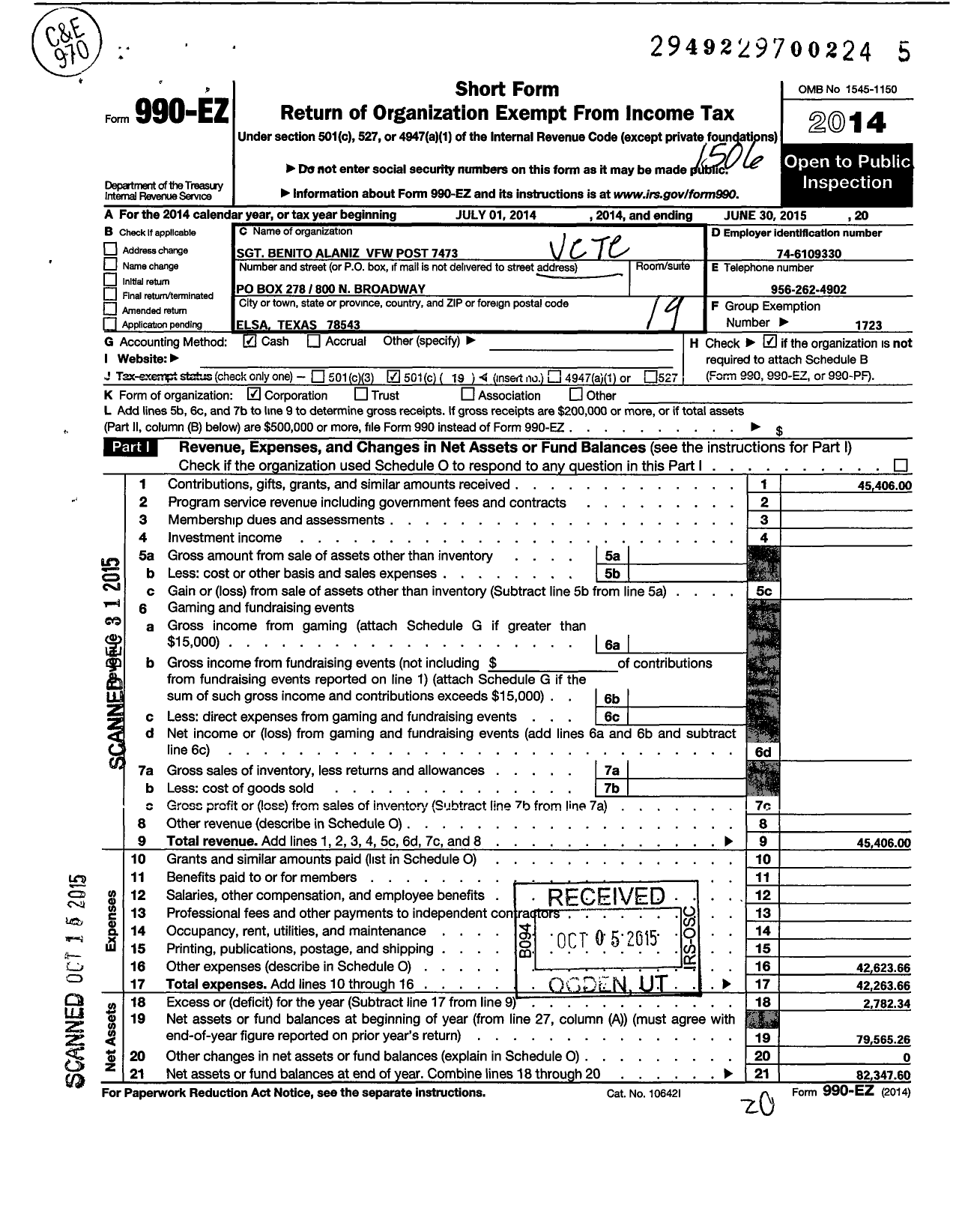 Image of first page of 2014 Form 990EO for Veterans of Foreign Wars of the United States Dept of Texas