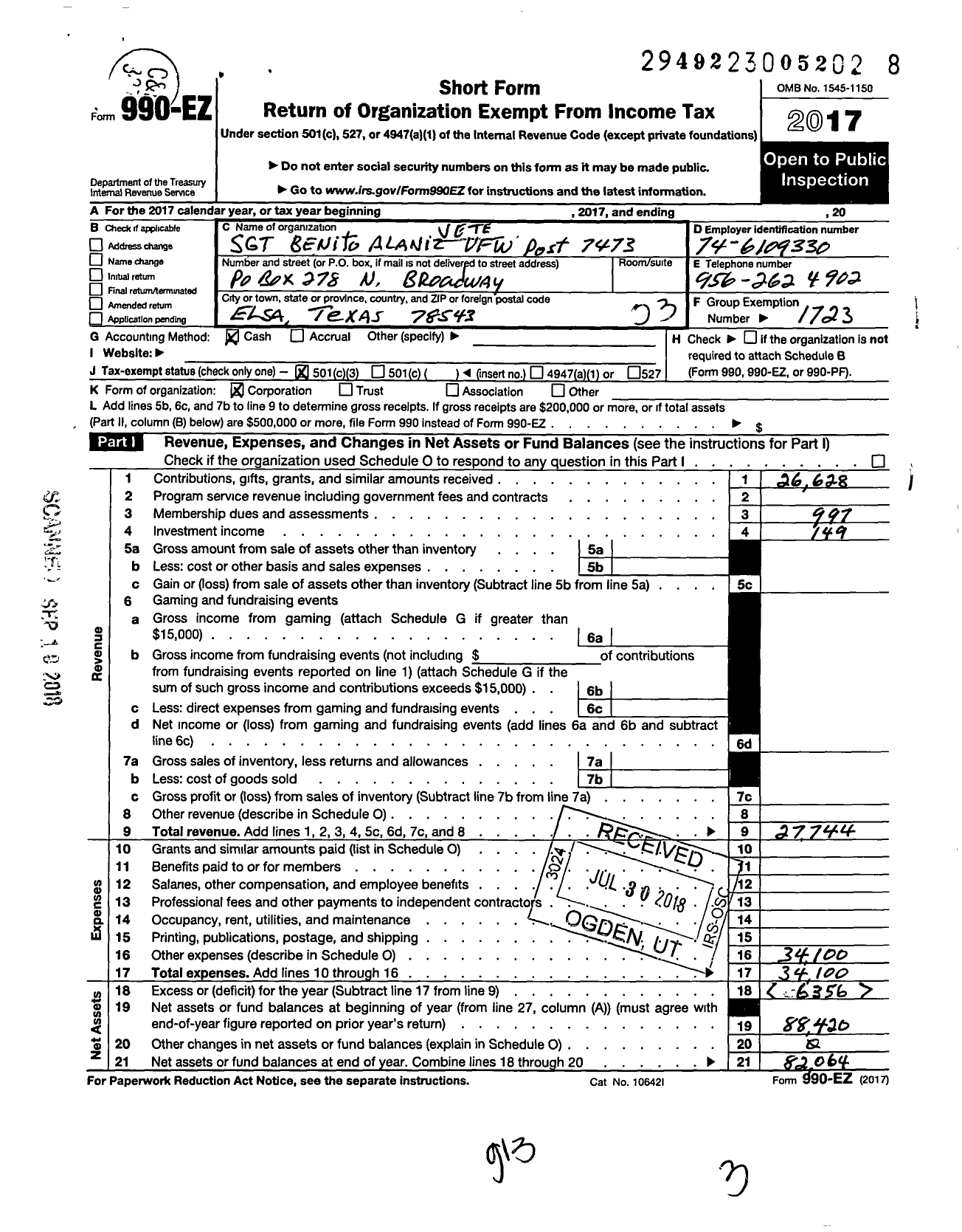 Image of first page of 2017 Form 990EZ for Veterans of Foreign Wars of the United States Dept of Texas