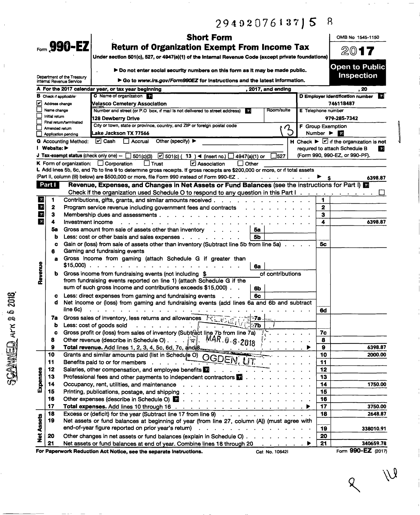 Image of first page of 2017 Form 990EO for Velasco Cementery Association