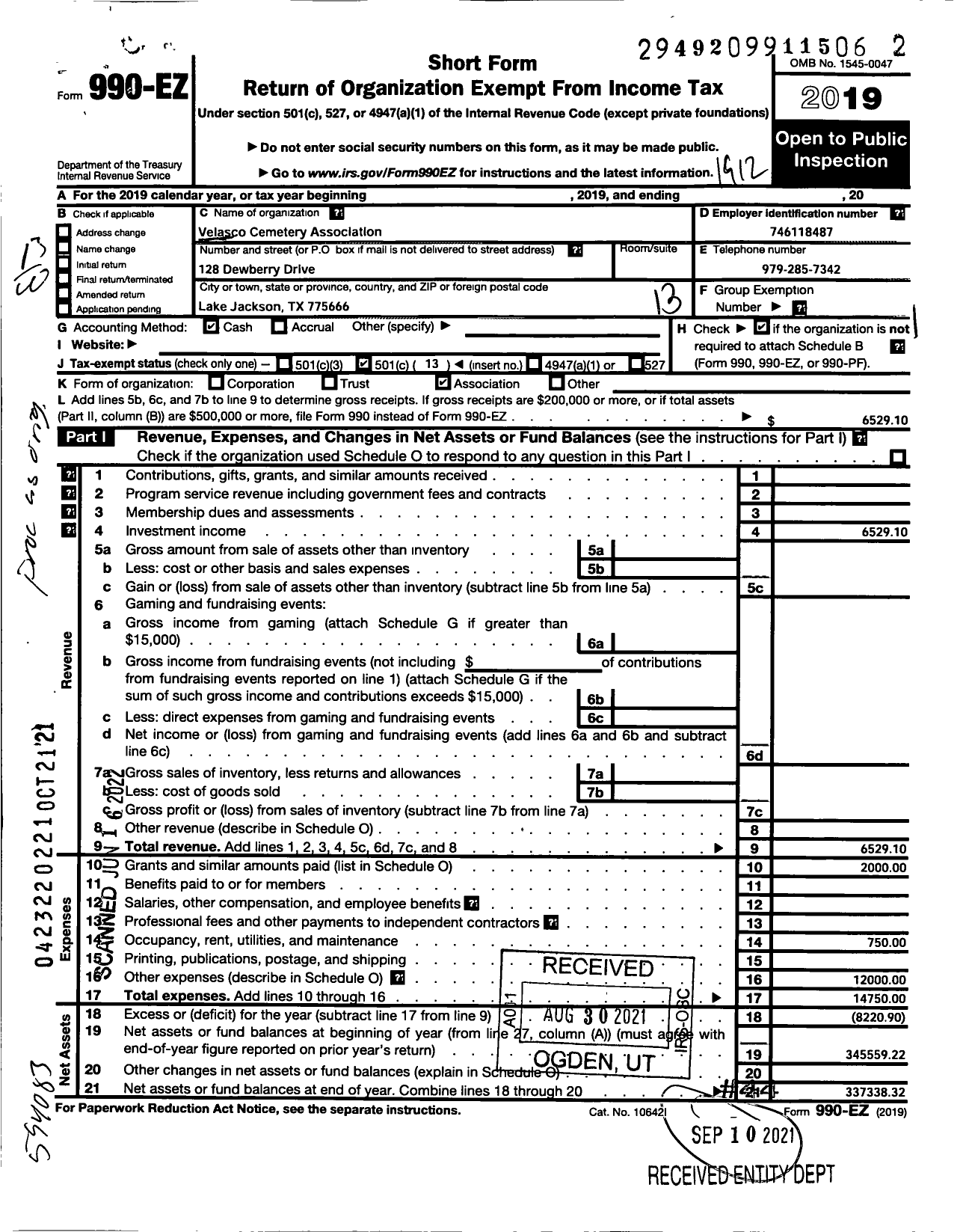 Image of first page of 2019 Form 990EO for Velasco Cementery Association