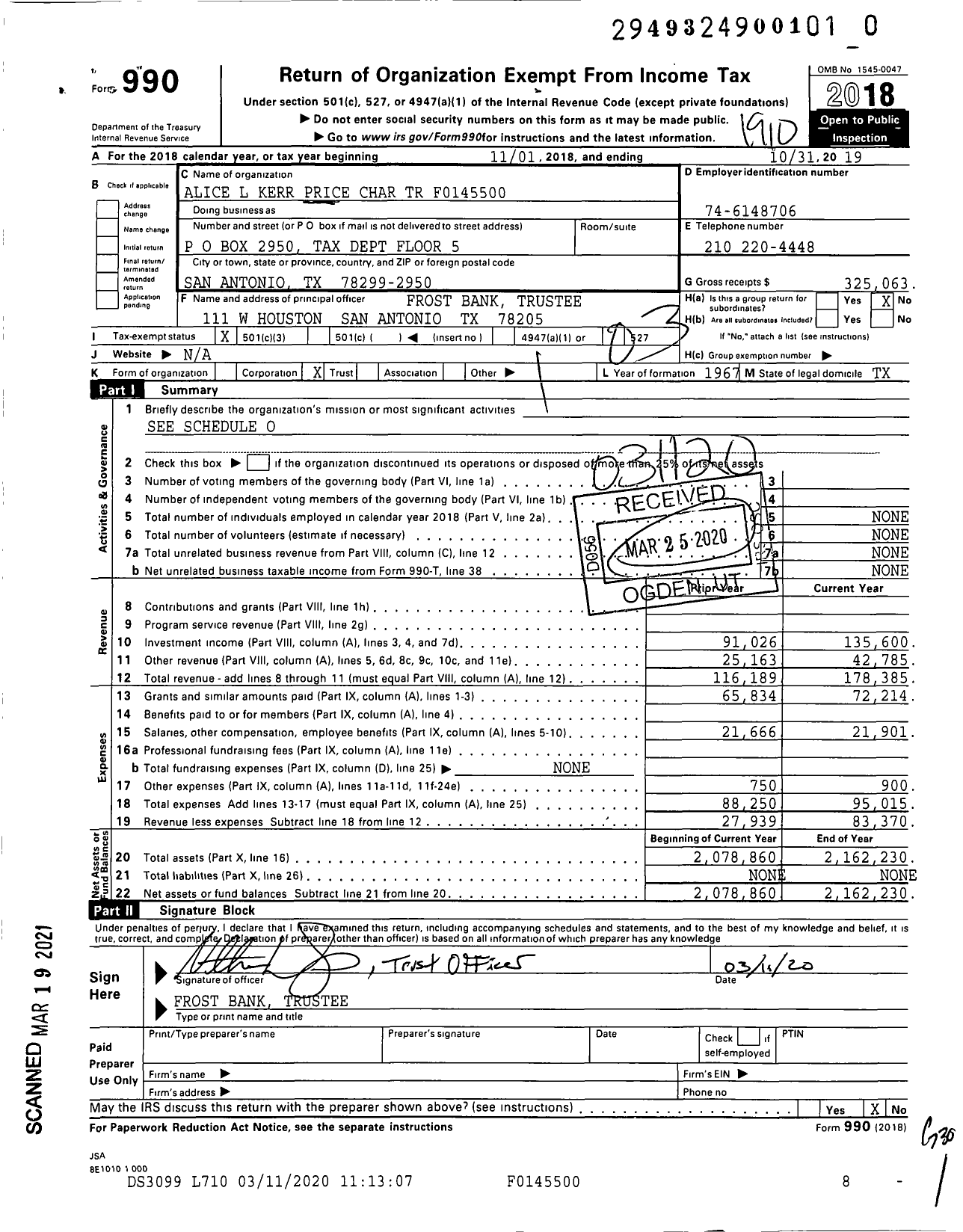 Image of first page of 2018 Form 990 for Alice L Kerr Price Charitable Trust F0145500