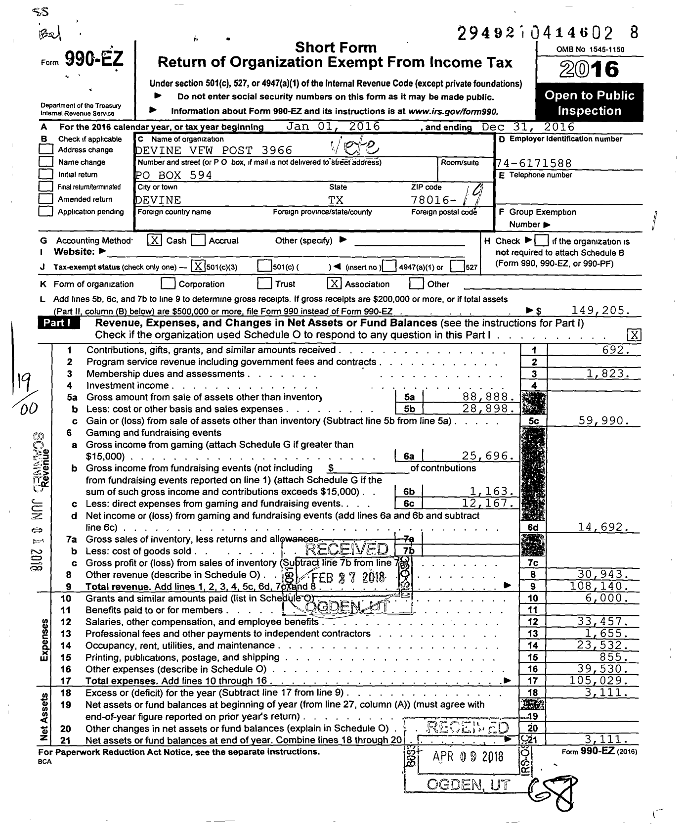 Image of first page of 2016 Form 990EO for Texas VFW - 3966 Devine