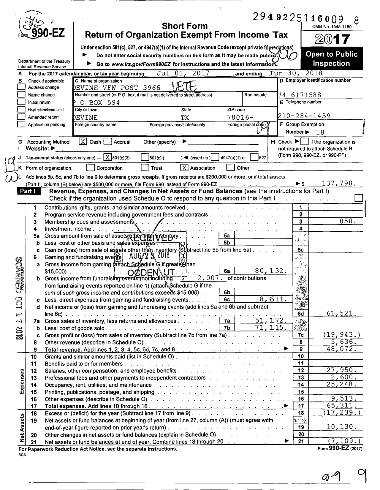 Image of first page of 2017 Form 990EO for Texas VFW - 3966 Devine