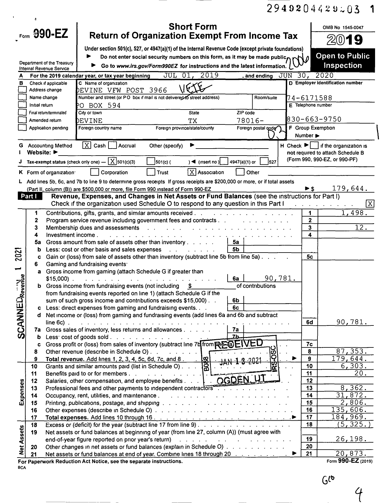 Image of first page of 2019 Form 990EZ for Texas VFW - 3966 Devine