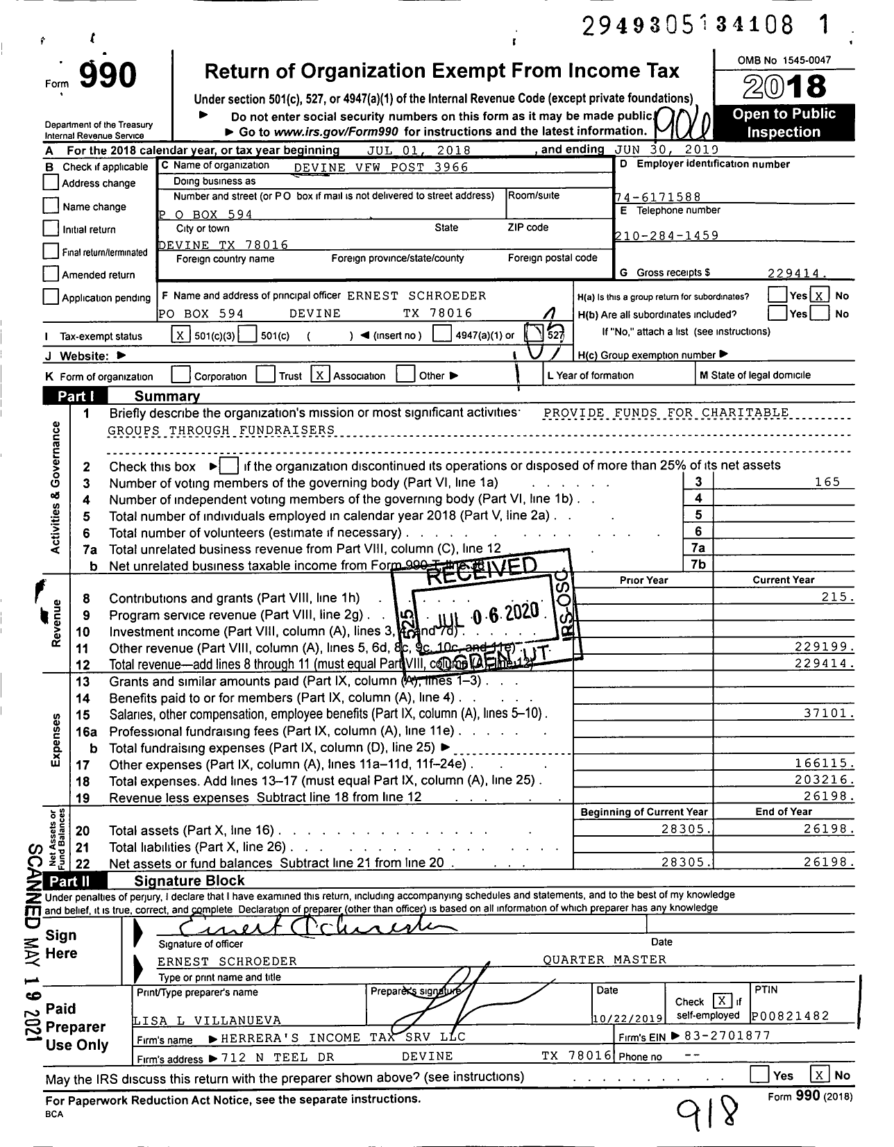 Image of first page of 2018 Form 990 for Texas VFW - 3966 Devine