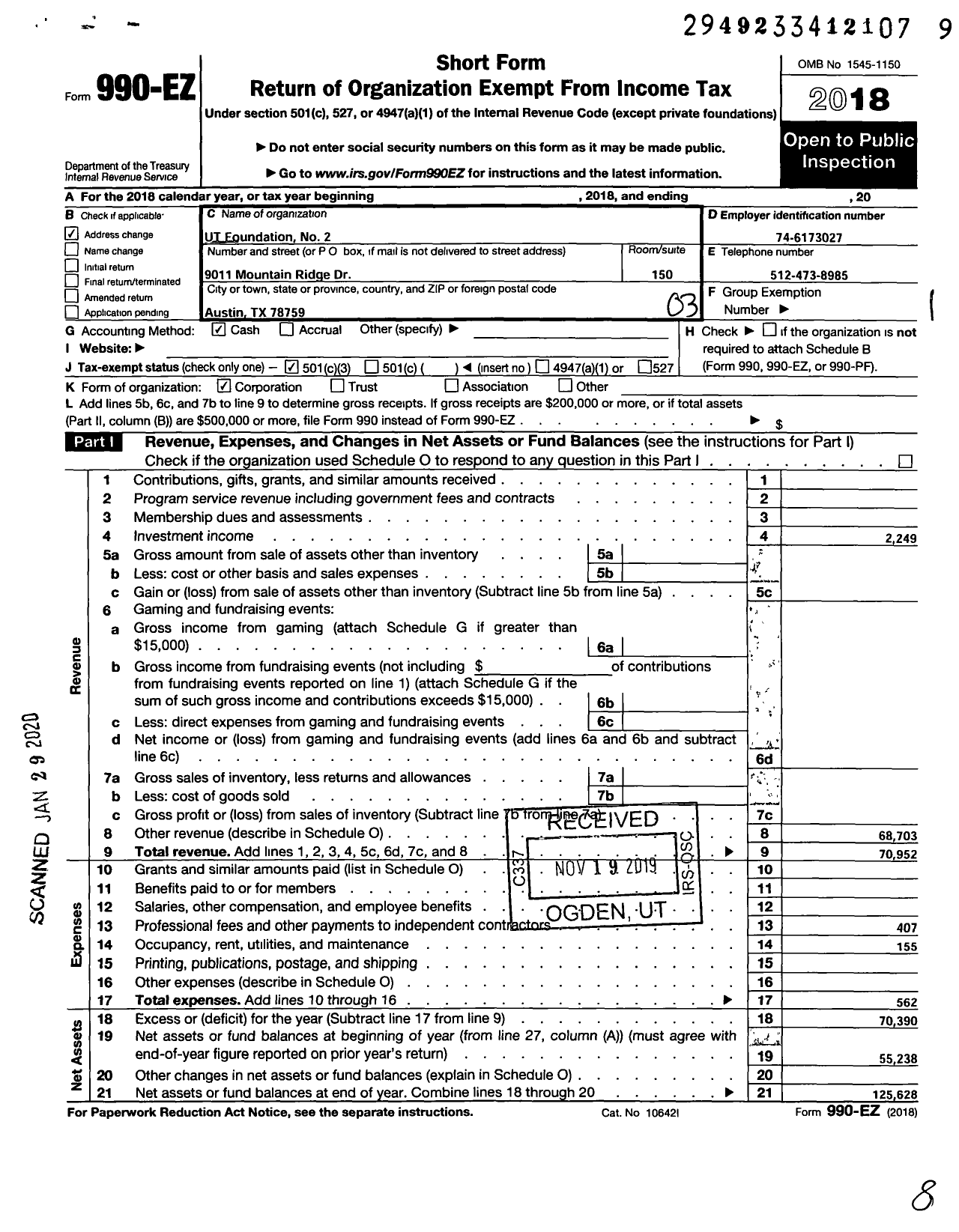 Image of first page of 2018 Form 990EZ for The University of Texas Foundation No 2