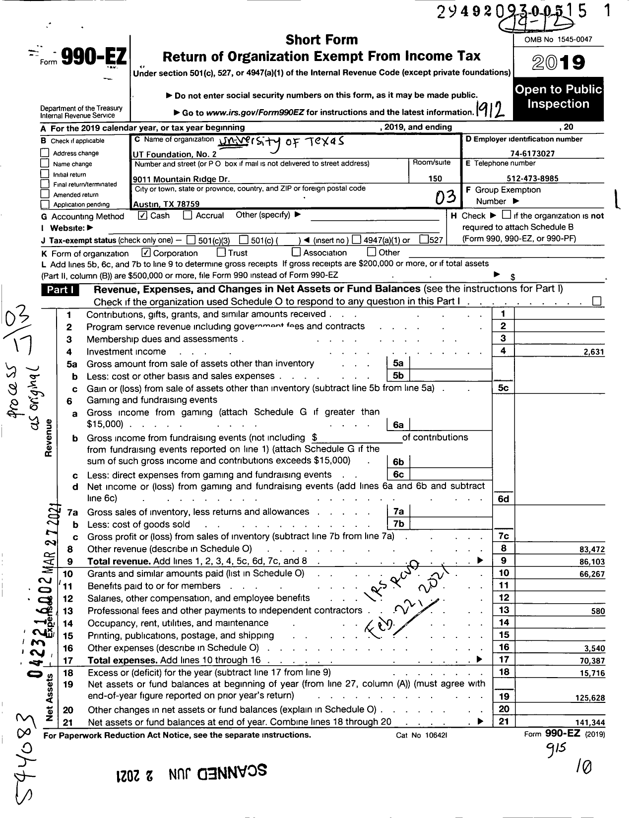 Image of first page of 2019 Form 990EZ for The University of Texas Foundation No 2