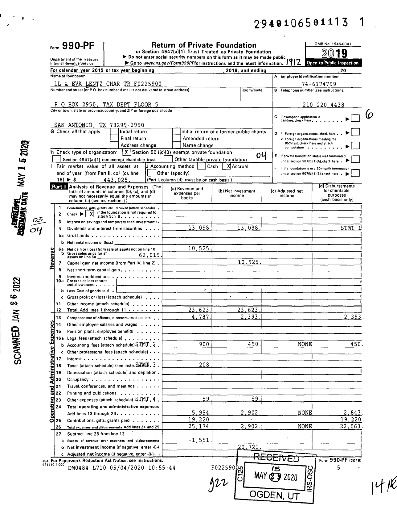 Image of first page of 2019 Form 990PF for LL and Eva Lentz Charitable Trust F0225900