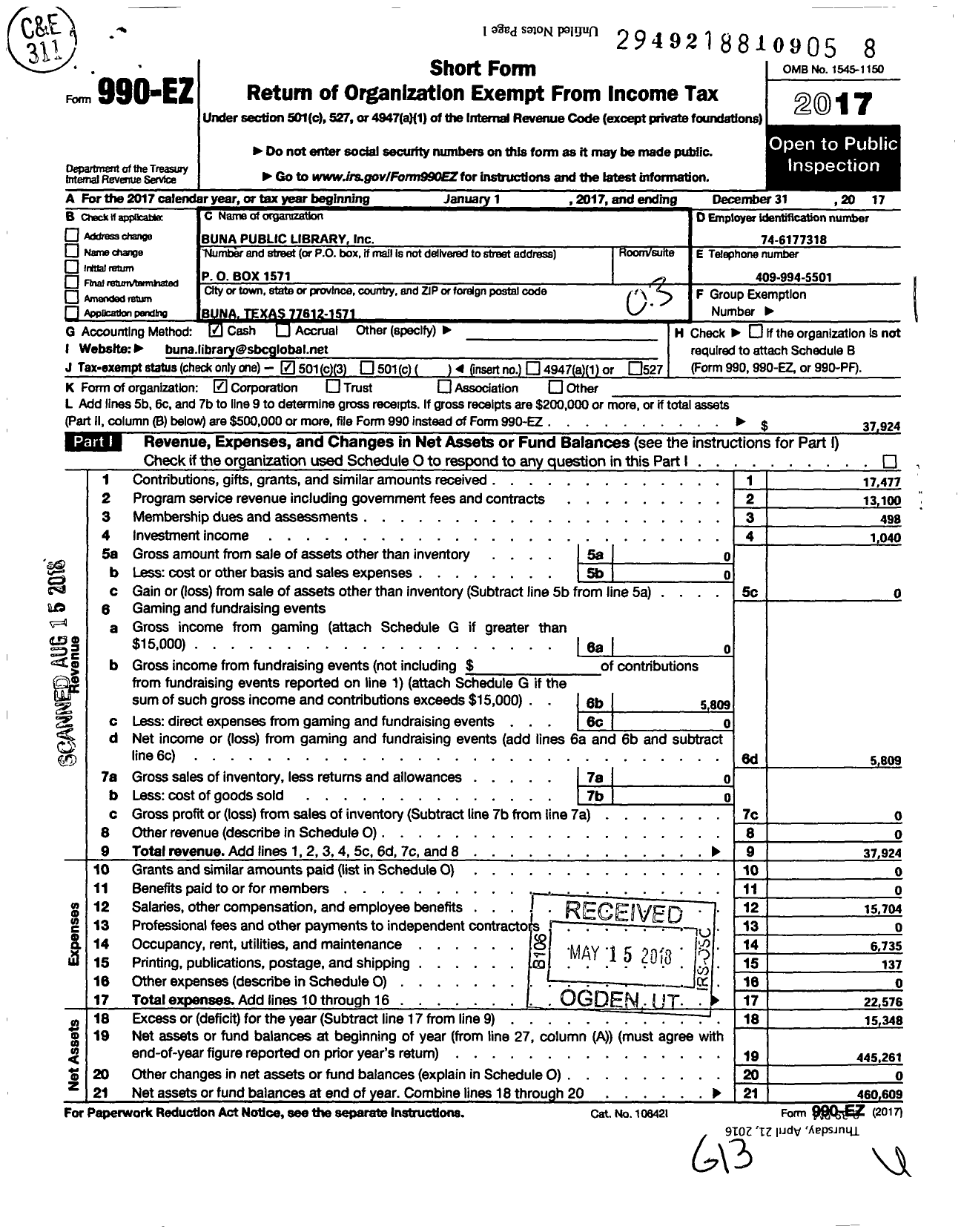 Image of first page of 2017 Form 990EZ for Buna Public Library