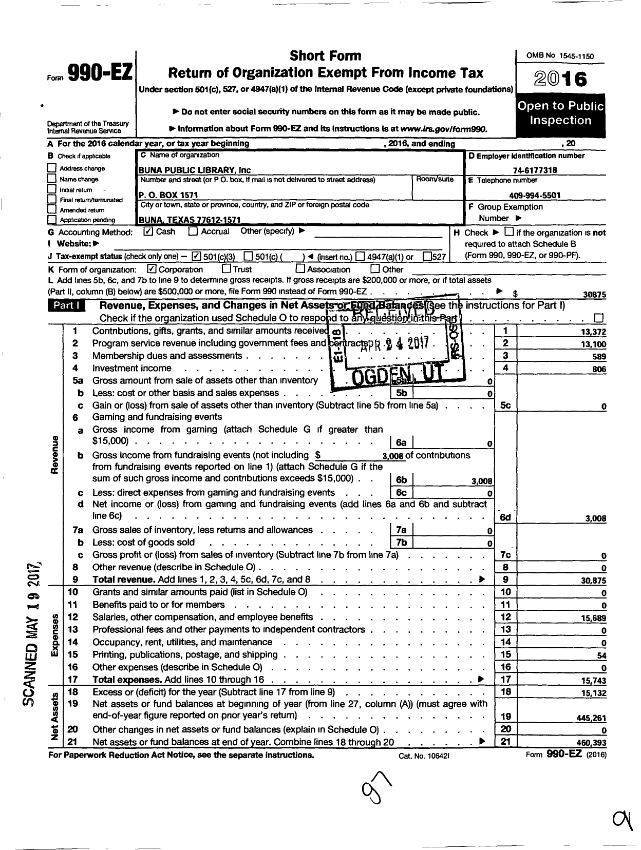 Image of first page of 2016 Form 990EZ for Buna Public Library