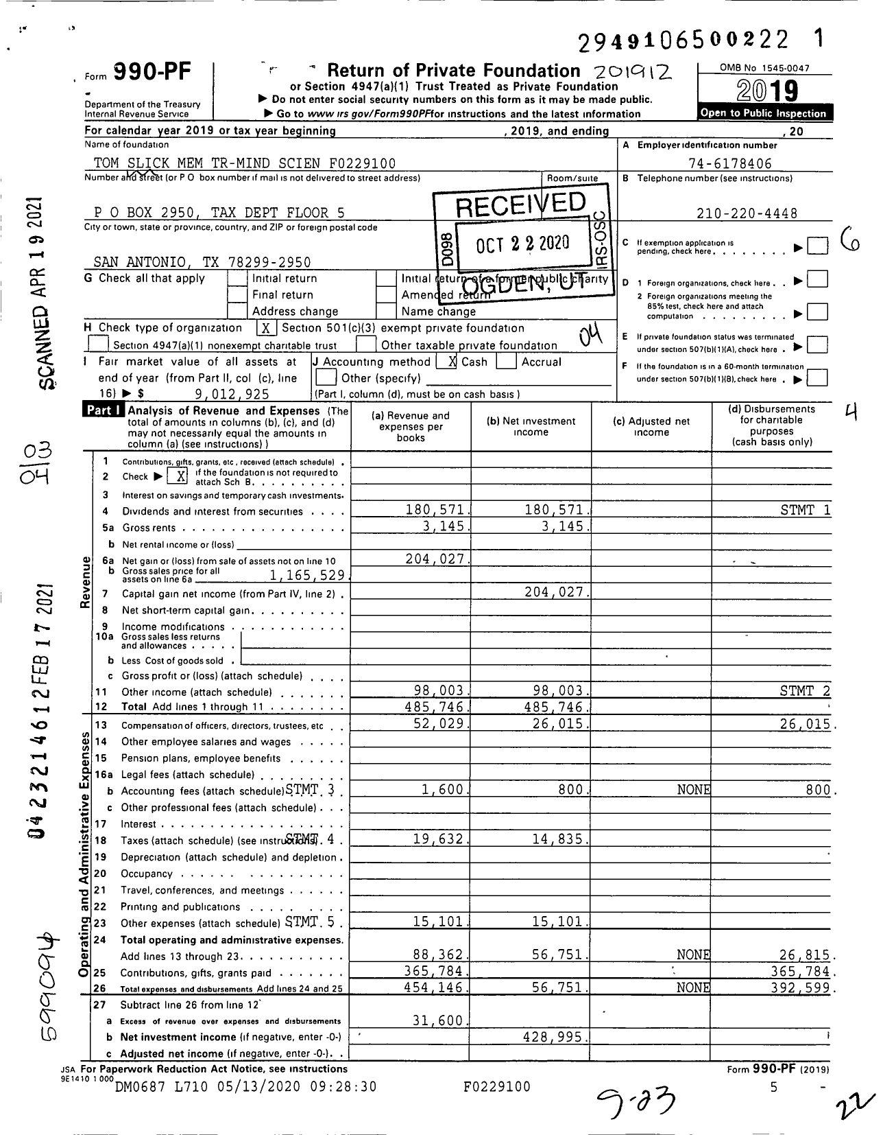 Image of first page of 2019 Form 990PF for Tom Slick Mem Tr-Mind Scien F0229100