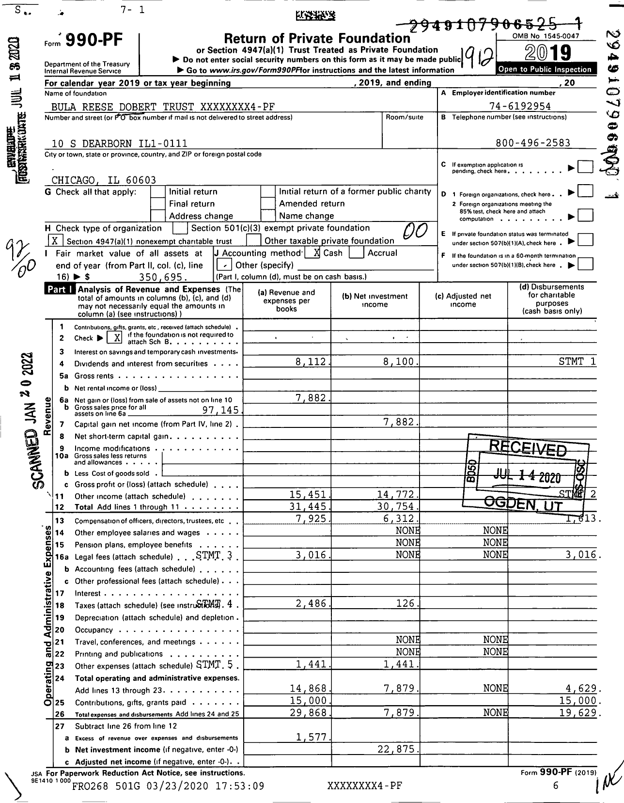 Image of first page of 2019 Form 990PF for Bula Reese Dobert Trust XXXXX3004