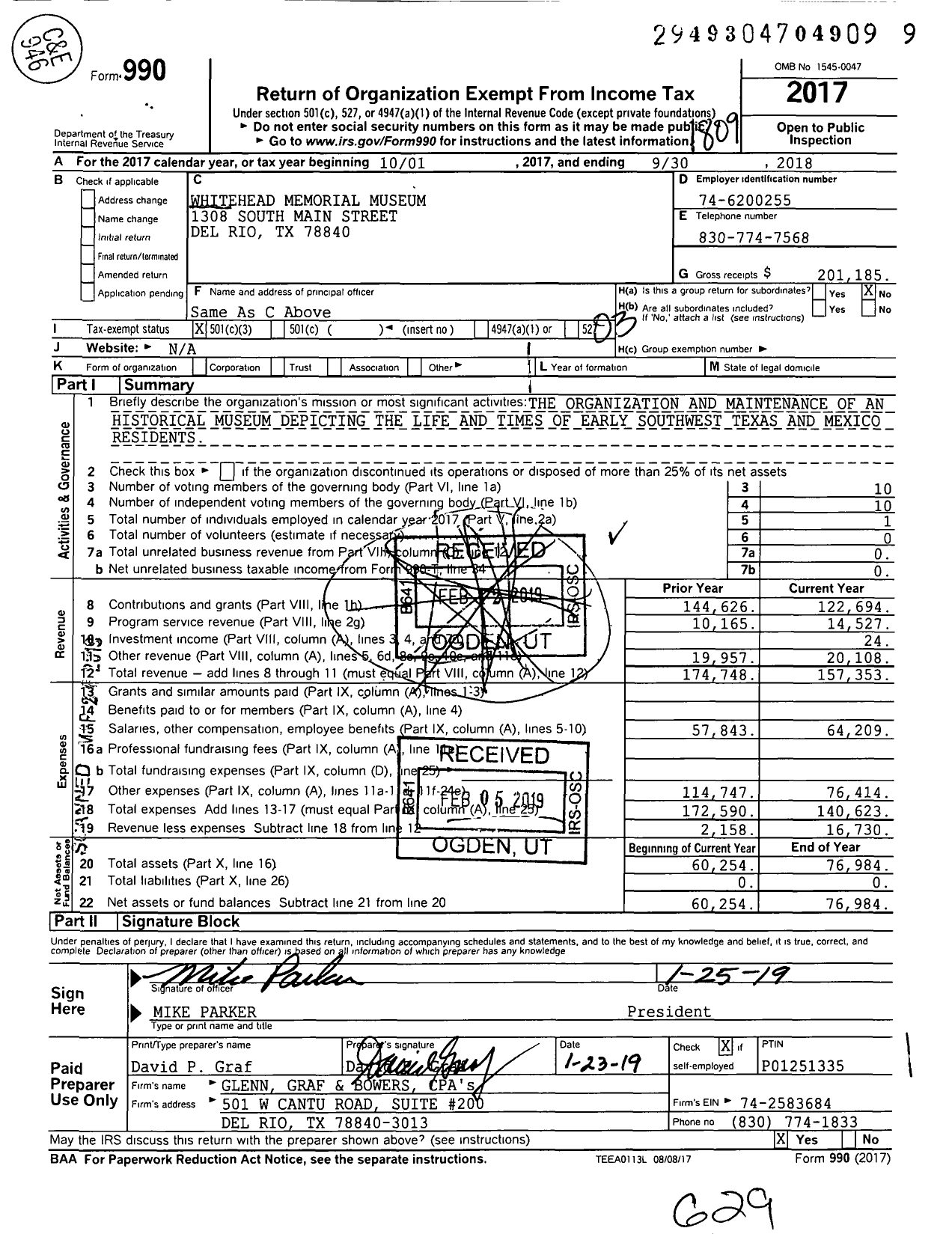 Image of first page of 2017 Form 990 for Whitehead Memorial Museum