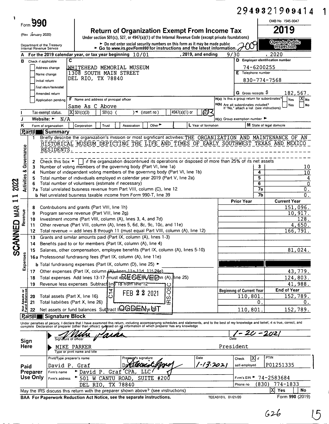 Image of first page of 2019 Form 990 for Whitehead Memorial Museum
