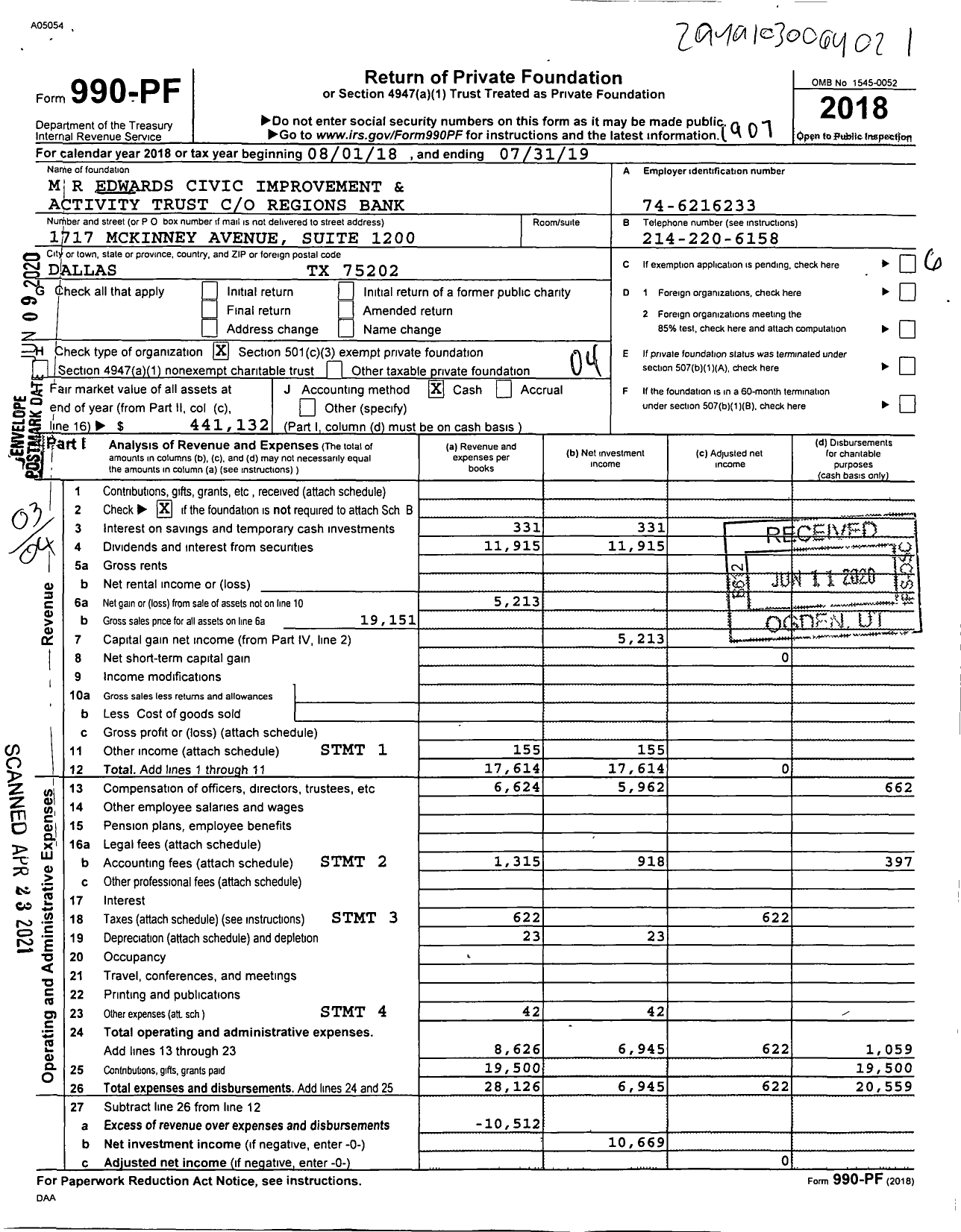 Image of first page of 2018 Form 990PF for Marguerite R Edwards Civic Improvement and Activity Trust