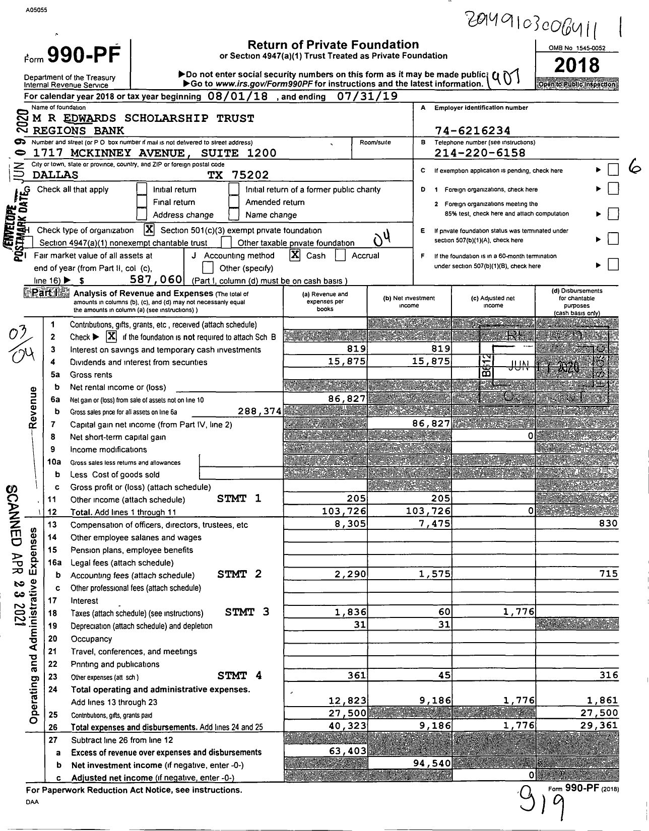 Image of first page of 2018 Form 990PF for Marguerite R Edwards Scholarship Trust Regions Bank