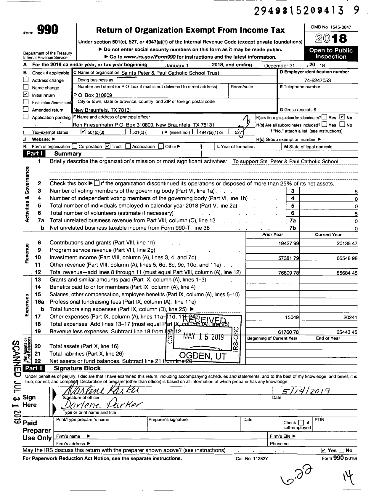 Image of first page of 2018 Form 990 for Saints Peter and Paul Catholic School Charitable Trust