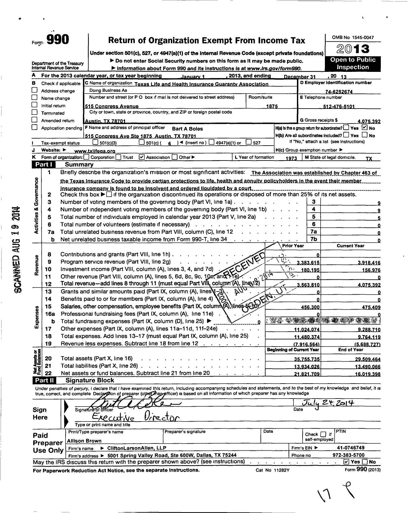 Image of first page of 2013 Form 990O for Texas Life and Health Insurance Guaranty Association