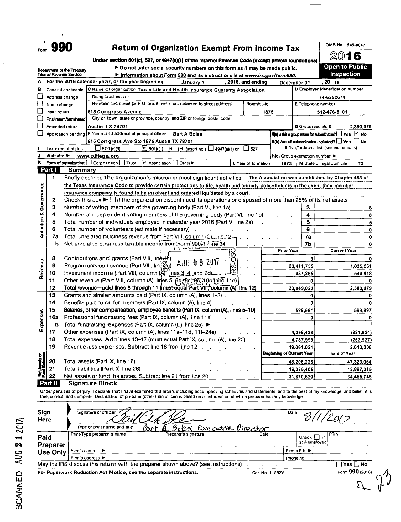 Image of first page of 2016 Form 990O for Texas Life and Health Insurance Guaranty Association