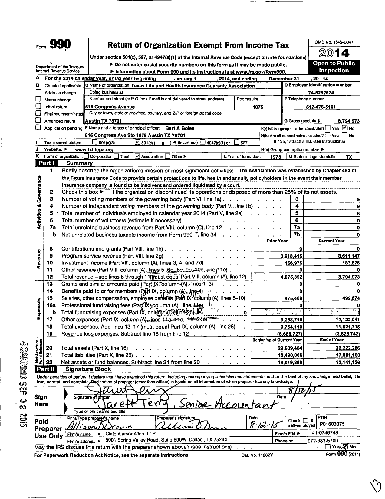 Image of first page of 2014 Form 990O for Texas Life and Health Insurance Guaranty Association