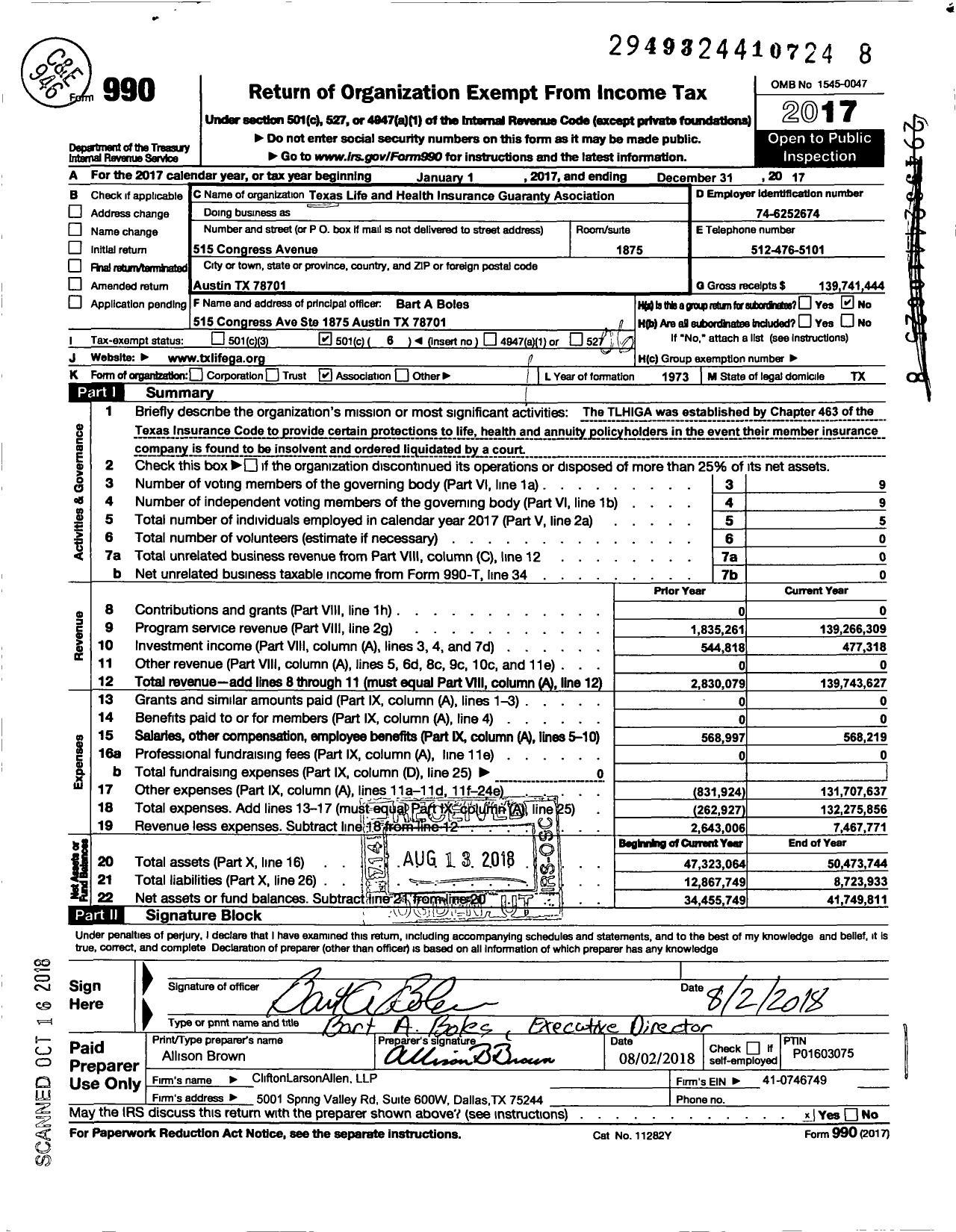 Image of first page of 2017 Form 990O for Texas Life and Health Insurance Guaranty Association