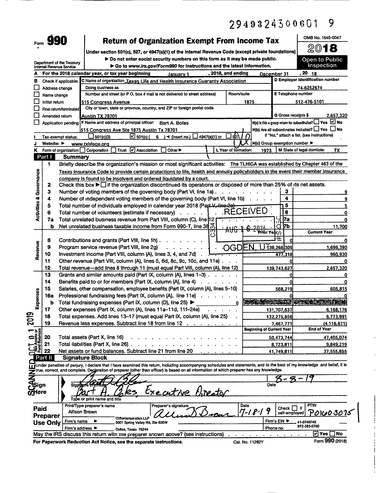 Image of first page of 2018 Form 990O for Texas Life and Health Insurance Guaranty Association