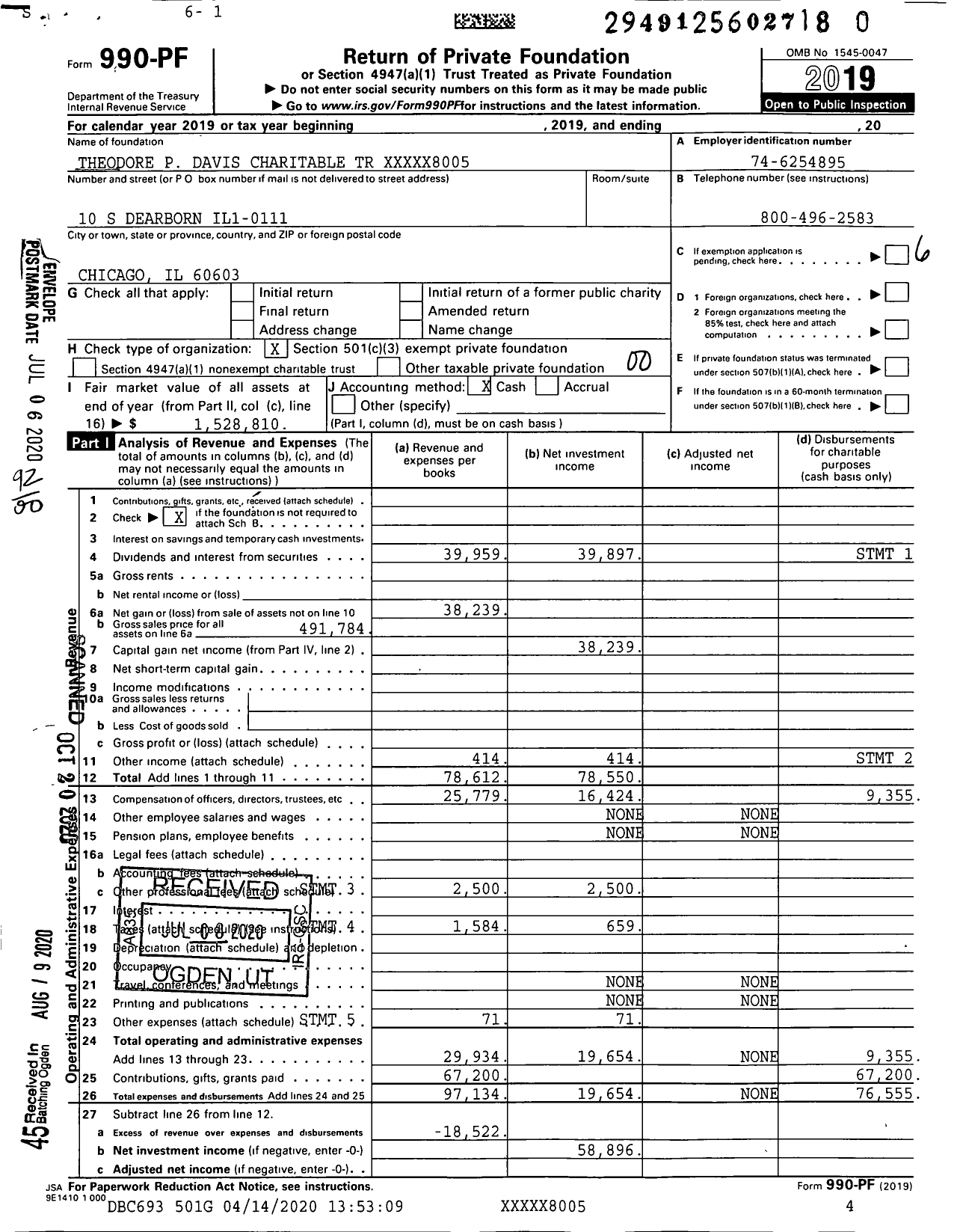 Image of first page of 2019 Form 990PR for Theodore P Davis Charitable TR XXXXX8005