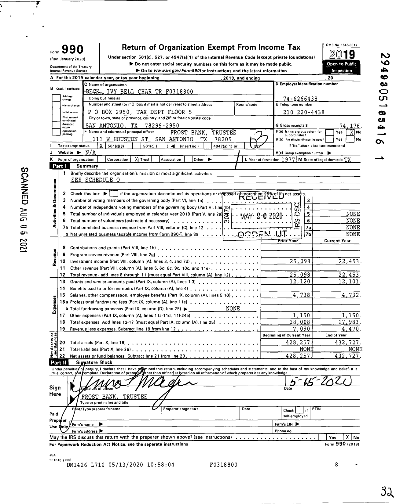 Image of first page of 2019 Form 990 for Peck Ivy Bell Charitable Trust F0318800