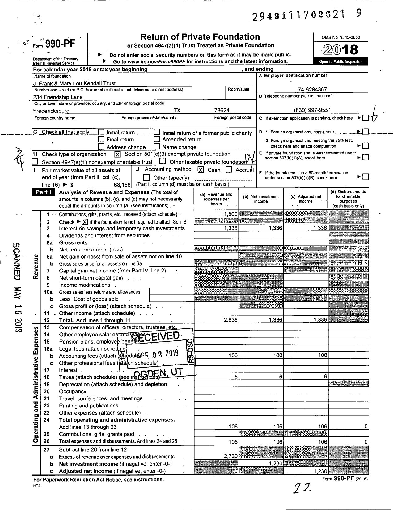 Image of first page of 2018 Form 990PF for J Frank and Mary Lou Kendall Trust