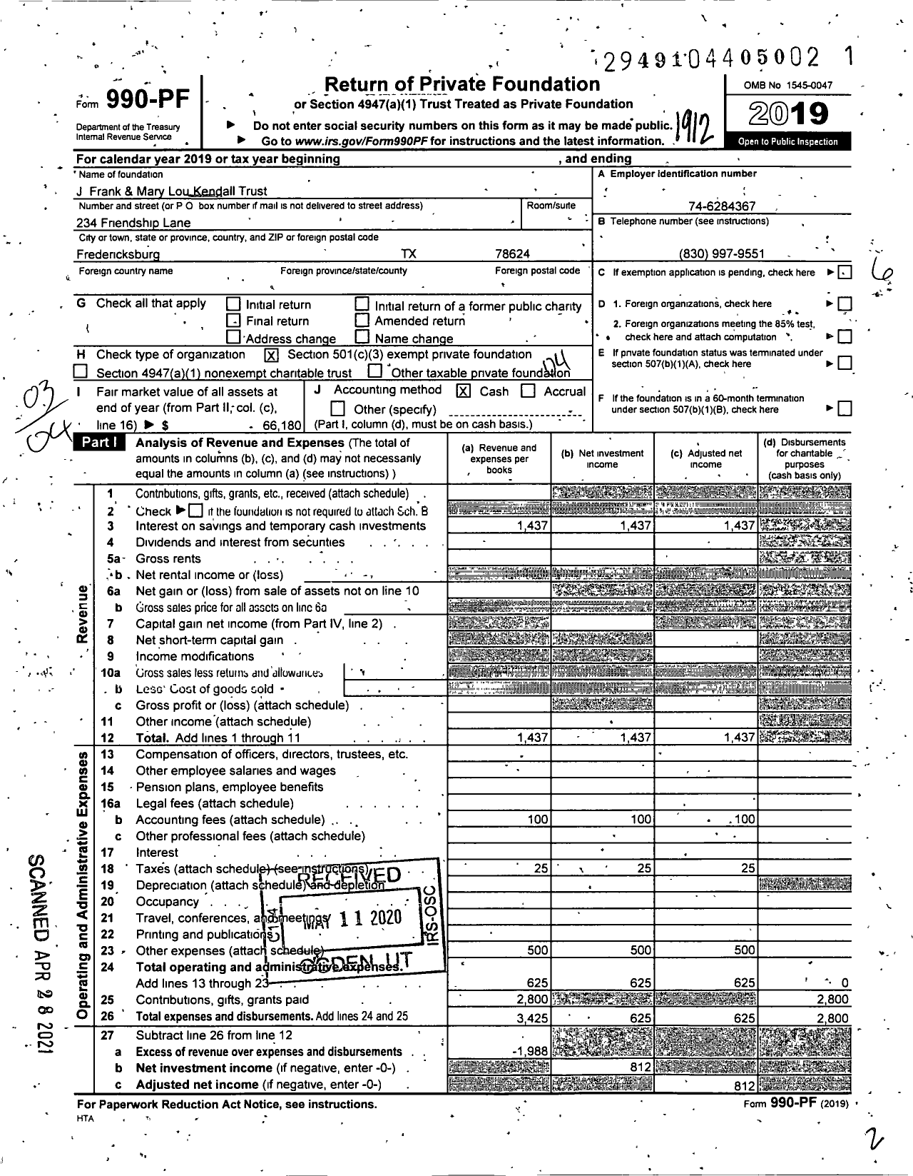 Image of first page of 2019 Form 990PF for J Frank and Mary Lou Kendall Trust