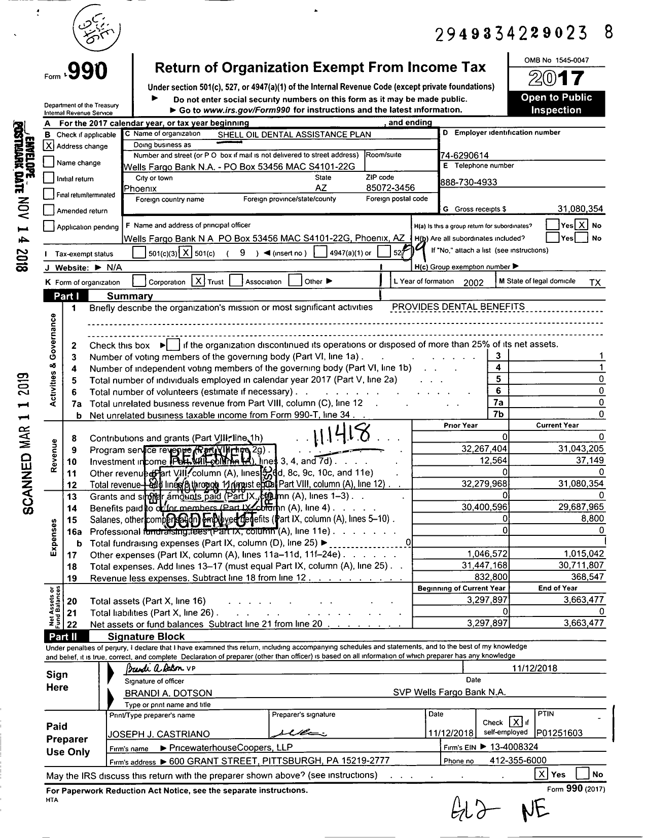 Image of first page of 2017 Form 990O for Shell Oil Dental Assistance Plan