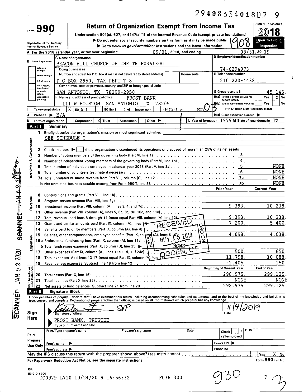 Image of first page of 2018 Form 990 for Beacon Hill Church of Christ TR F0361300