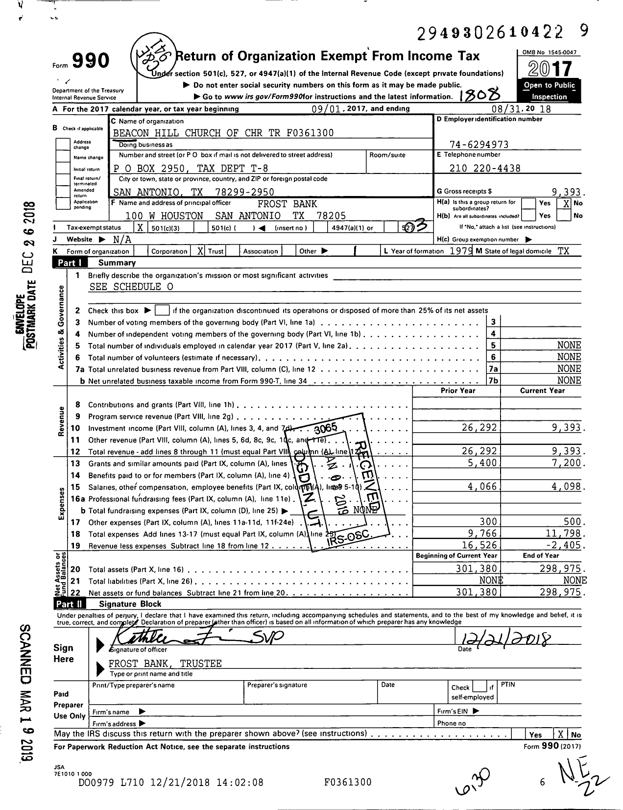 Image of first page of 2017 Form 990 for Beacon Hill Church of Christ TR F0361300